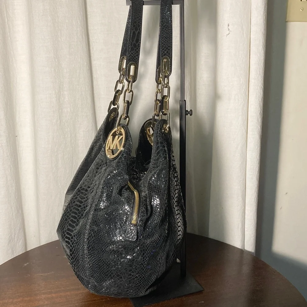 Michael Kors Black Fulton Snake-Embossed Hobo Bag with Gold Hardware